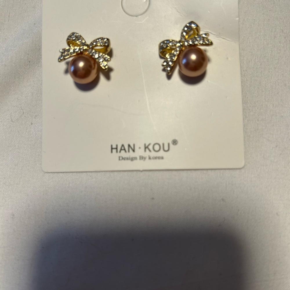 Gold and Pink Bow Pearl Earrings